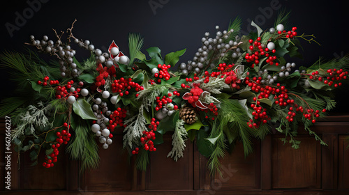 A cheerful arrangement of festive garlands made of holly berries and pinecones