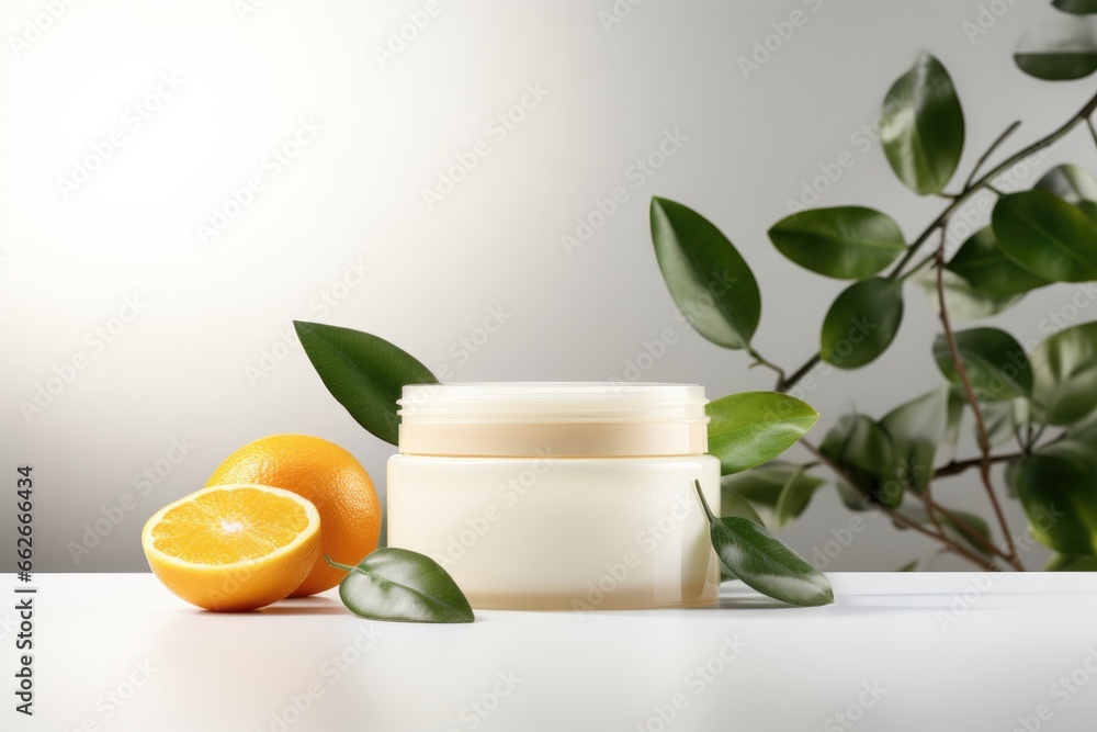 Cream blank jar mock up with oranges on light pastel background Cream blank jar mock up with oranges on light pastel background