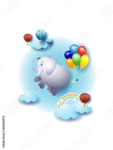 Landscape with clouds and flying elephant. Fantasy illustration, vector eps10
