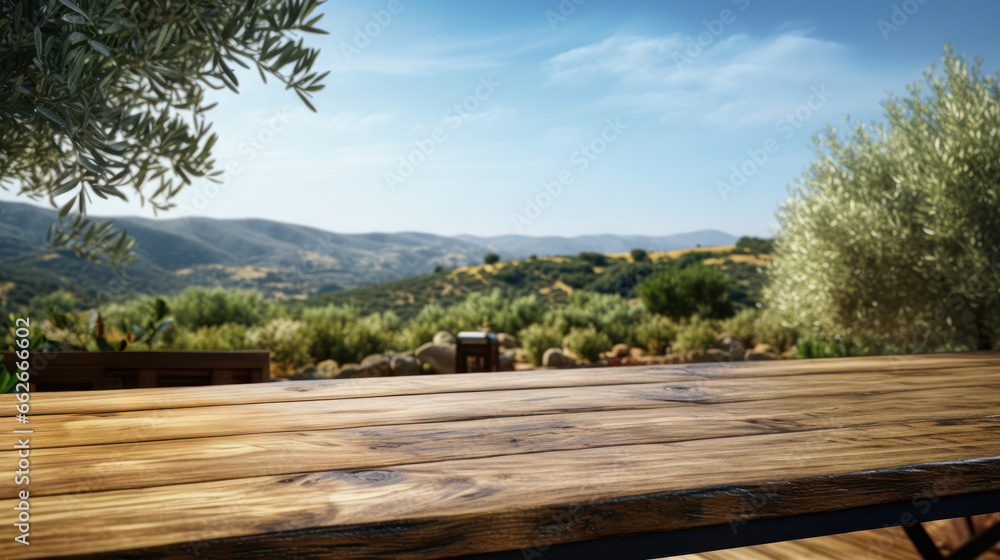 Massive wooden table for product placement with rustic olive oil farm background scene. Massive wooden table for product placement with rustic olive oil farm background scene.