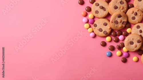minimalistic background with cookies, cakes and sweets, top view with empty copy space