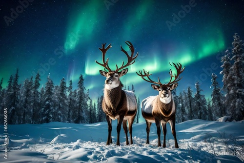 A pair of majestic reindeer standing in a snow-covered wilderness, with the Northern Lights dancing in the starry sky.  © ASMAT