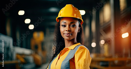 Portrait of a black female engineer working in a factory © Farnaces
