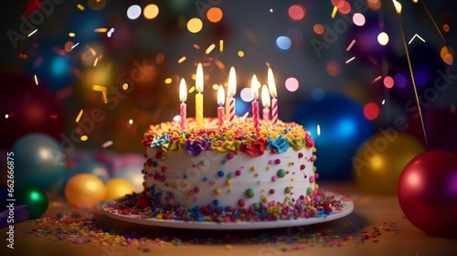 A beautifully decorated birthday cake with lit candles, sitting on a festive table, ready to be enjoyed by friends and family, with colorful balloons and confetti in the background