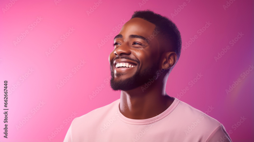 Portrait of a smiling young african american man on pink neon light background with copyspace Portrait of a smiling young african american man on pink neon light background with copyspace