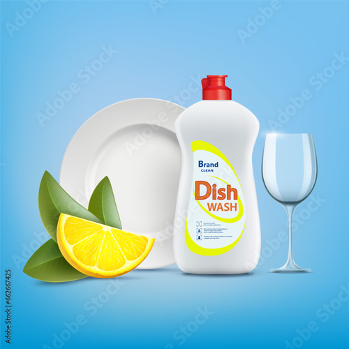 Dishwashing liquid soap with lemon in a plastic bottle next to clean the plate and glass. Stock vector illustration