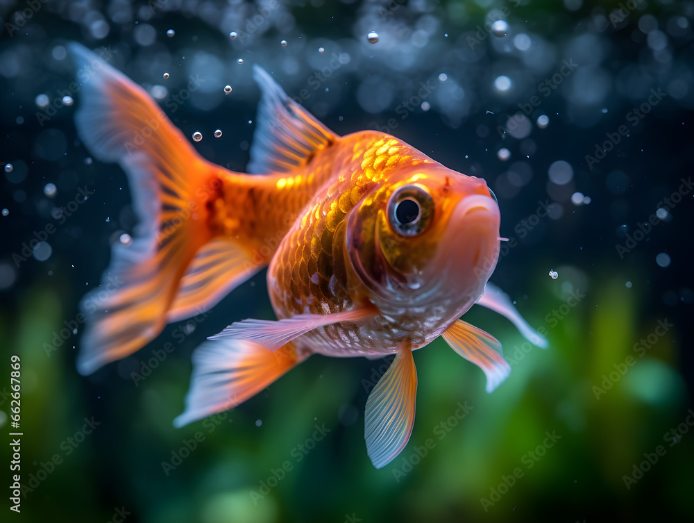 Close-Up of Lustrous Orange Goldfish with Flowing Fins Gliding Through Sparkling Bubbles in a Dimly Lit Aquarium