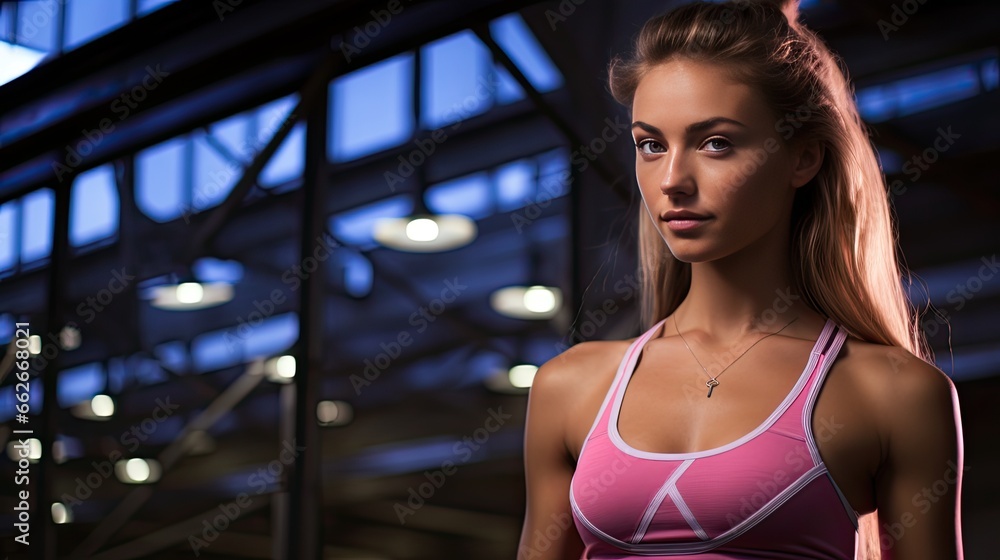 Model in a sporty look, showcasing athletic wear, set in a gym environment Model in a sporty look, showcasing athletic wear, set in a gym environment
