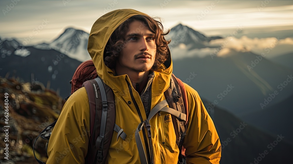 Model in hiking attire, emphasizing adventure and exploration, set against a mountainous backdrop.
