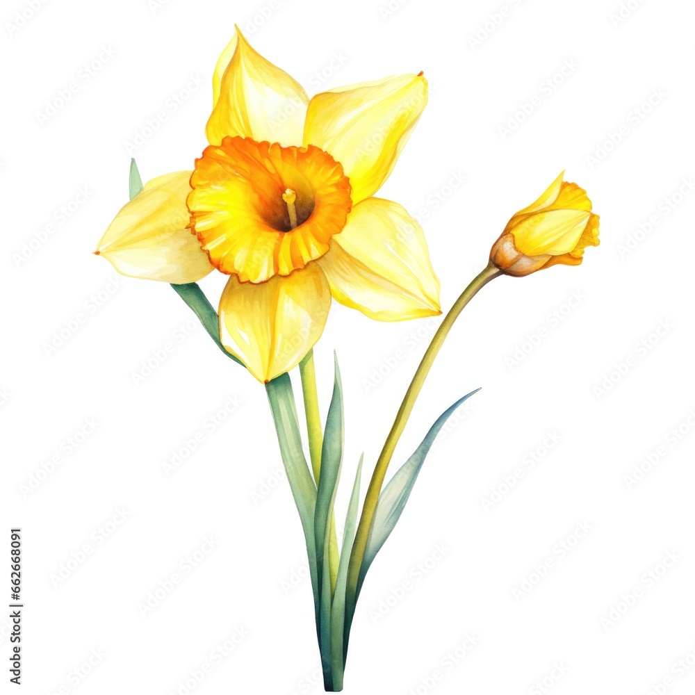 Fototapeta premium watercolor daffodil flowers illustration on a white background.