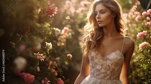 Model showcasing a bridal look, emphasizing purity and happiness, set in a flowery garden.