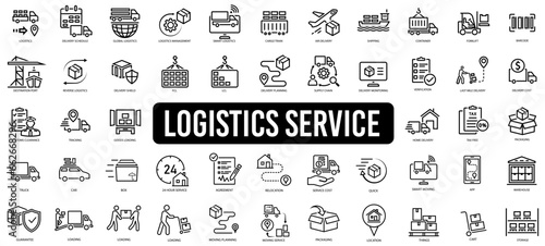 Logistics icon set. Shipping, transportation, delivery, cargo, freight, route planning, export and import icon. Vector illustration