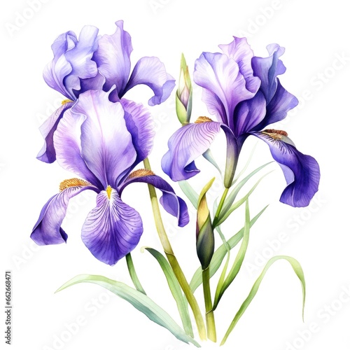 watercolor iris flowers illustration on a white background.