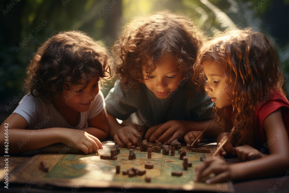 Fototapeta premium Kids play in a board game. AI generative
