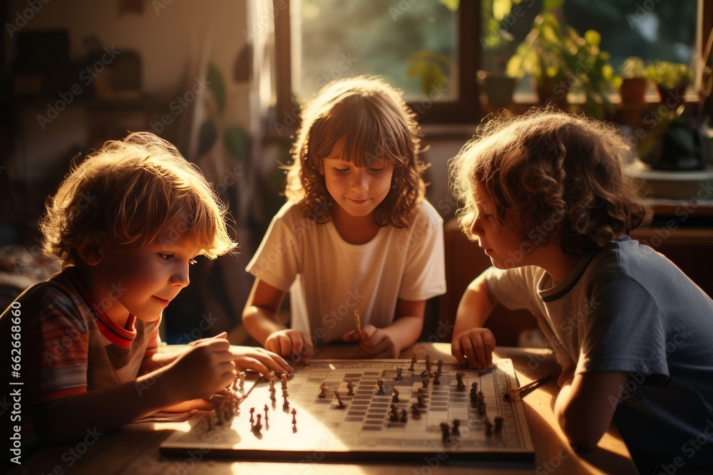 Fototapeta premium Kids play in a board game. AI generative