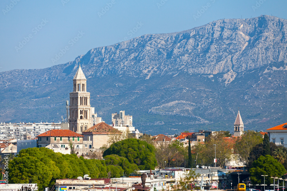 Aerial view of the Bell towers of Saint Domnius Cathedral and the Chapel of the Holy Arnir in Split