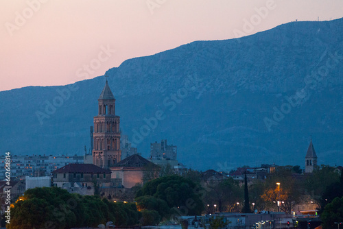 Aerial view of the Bell towers of Saint Domnius Cathedral and the Chapel of the Holy Arnir in Split at sunset