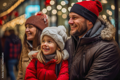 Family enjoys holiday shopping amidst festive decorations and twinkling lights.