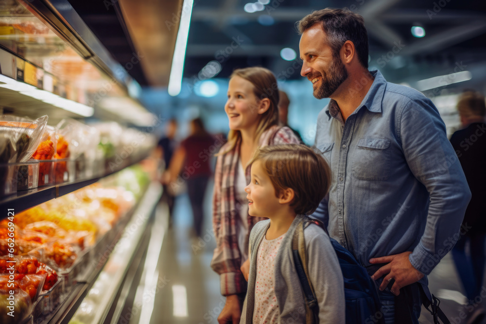 A practical family trip for essentials at the local supermarket. Choosing fresh, everyday items for their home A practical family trip for essentials at the local supermarket. Choosing fresh, everyday items for their home