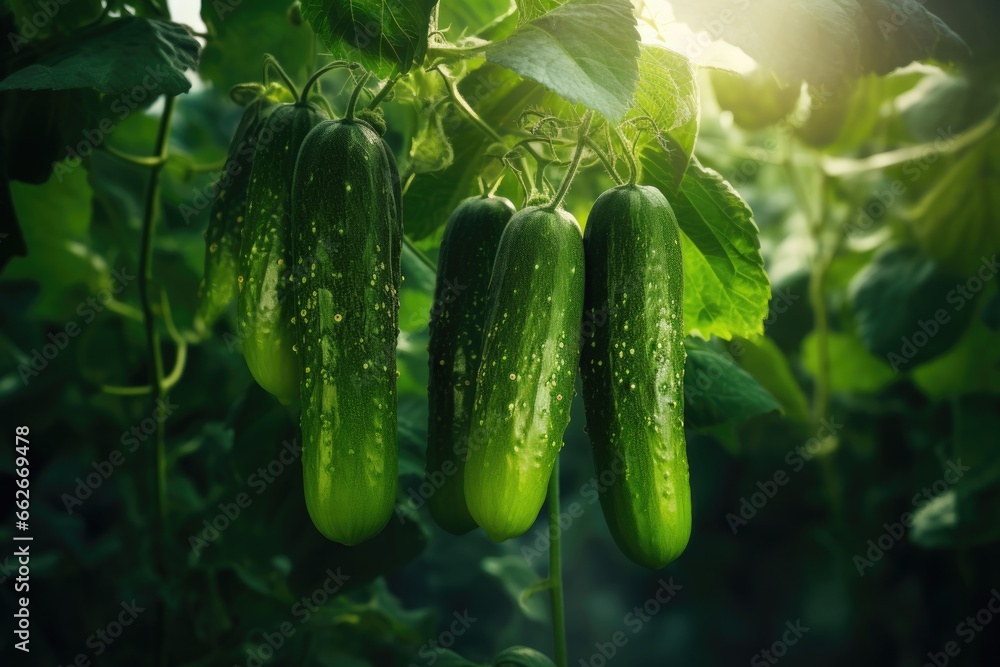 Green cucumber grow in the vegetable garden in sunny day. - obrazy, fototapety, plakaty 