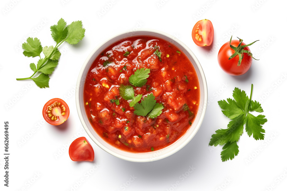 Sauce salsa in bowl on white background, top view - obrazy, fototapety, plakaty 