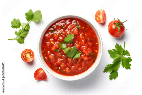 Sauce salsa in bowl on white background, top view photo