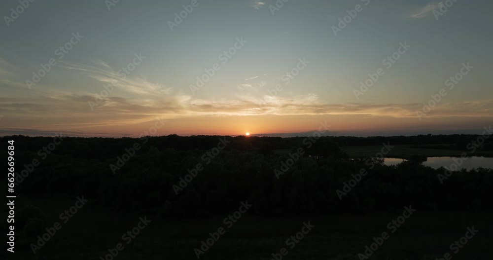 Dusk Over Nature Silhouettes In Busch Memorial Conservation Area, Missouri USA. Aerial Wide Shot Dusk Over Nature Silhouettes In Busch Memorial Conservation Area, Missouri USA. Aerial Wide Shot