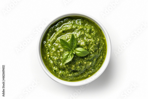 Sauce pesto in bowl on white background, top view