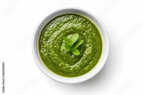 Sauce pesto in bowl on white background, top view