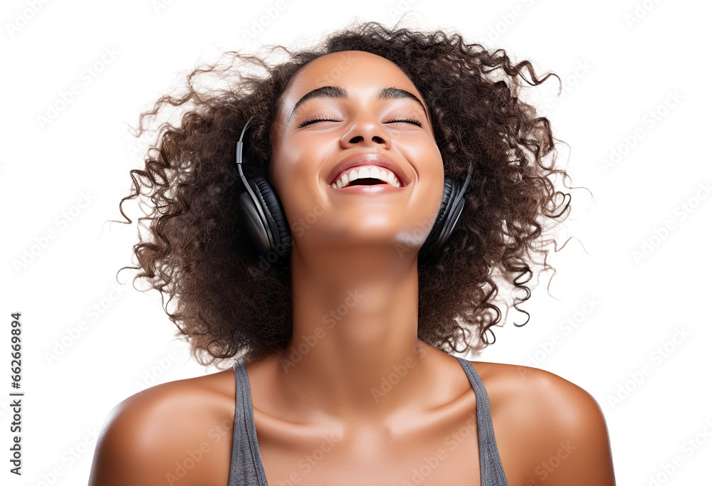 Stylish African American young woman, passionate about music, revels in the beats and rhythms flowing through her headphones - obrazy, fototapety, plakaty 