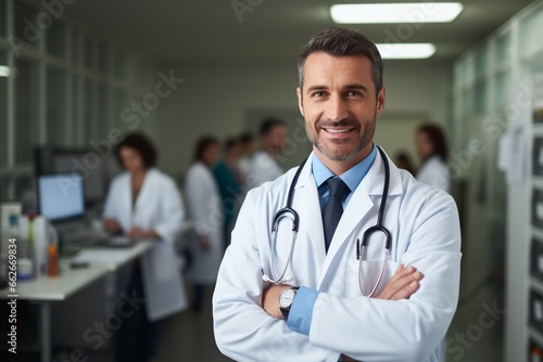 Portrait of doctor smiling confidently in hospital and medical team working in the background.