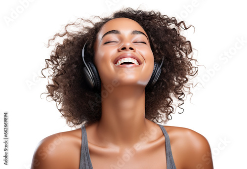 Stylish African American young woman, passionate about music, revels in the beats and rhythms flowing through her headphones photo