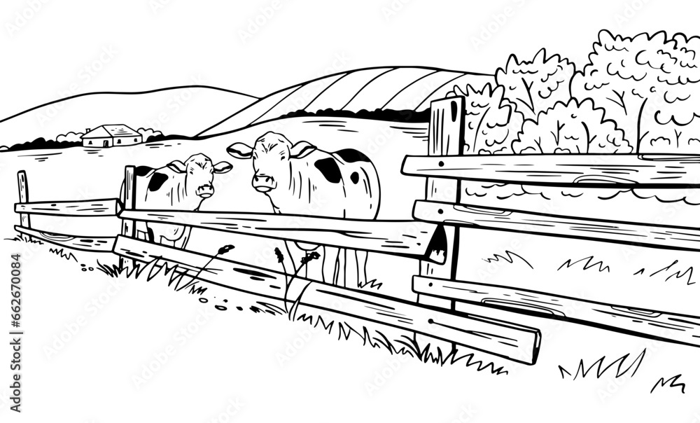 Outline illustration of cows grazing in a field.