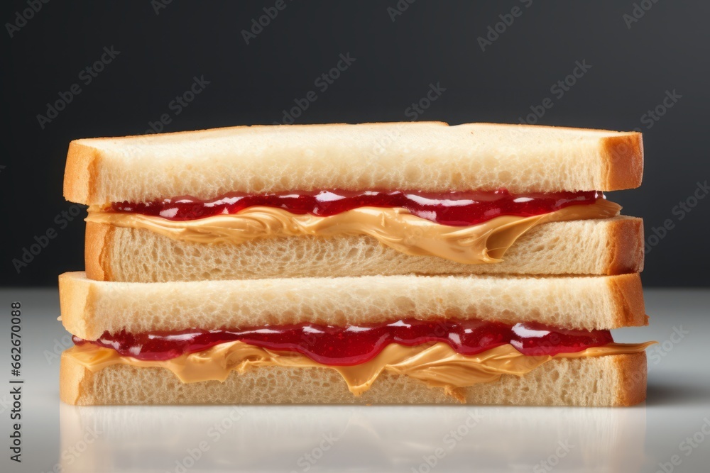 a studio photo of a messy deconstructed or decomposed peanut butter and red jelly toast sandwich on grey background