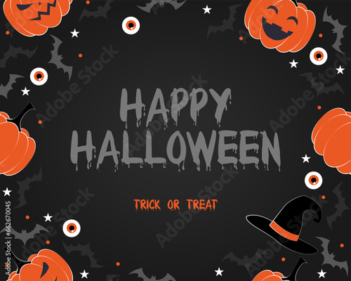 Happy Halloween card with bats  cartoon pumpkin and scary eyeballs on black