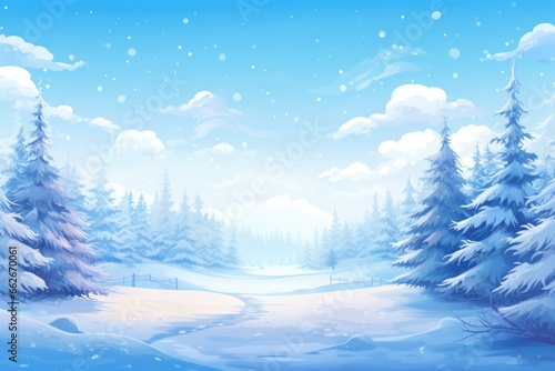 Winter landscape under snow. Background with fir trees in blue white colors © dashtik