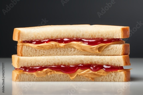 a studio photo of a messy deconstructed or decomposed peanut butter and red jelly toast sandwich on grey background