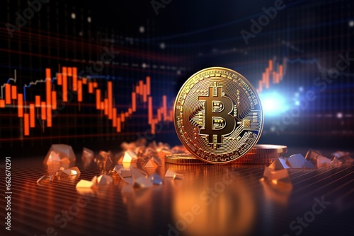 Golden Bitcoin on the background of the stock market chart. Cryptocurrency concept.