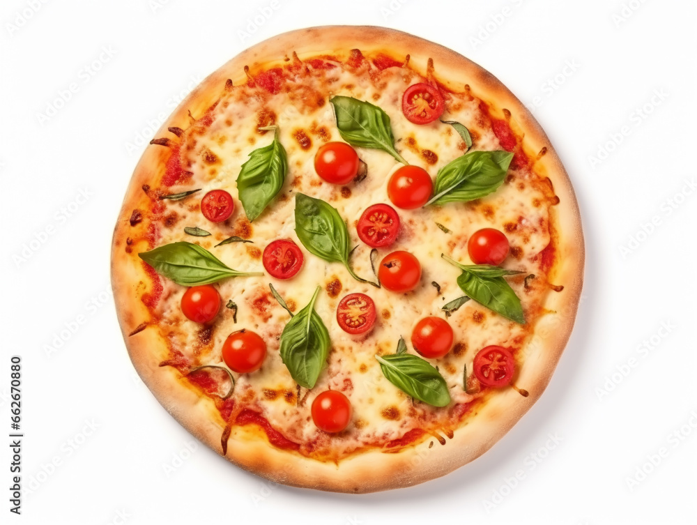 Fresh Homemade baked Italian Pizza with cheese and basil isolated on white