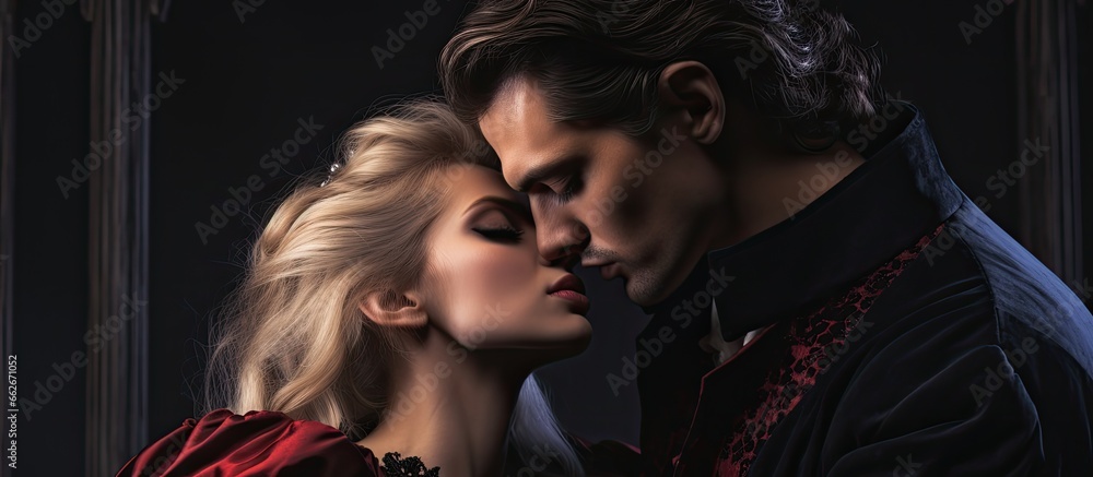 A medieval male vampire bites a beautiful lady on Halloween With copyspace for text - obrazy, fototapety, plakaty 