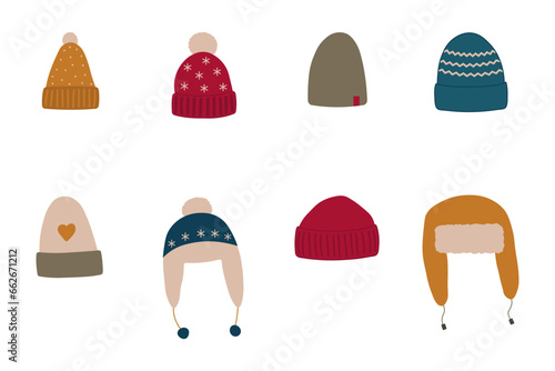 Set of cute hand drawn style knitted hats for winter. Flat vector illustration.