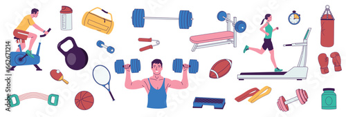 Fitness people with equipment set. Cartoon sport persons with barbell weightlifting dumbbells, workout sportsmens with gym stuff in flat style. Vector isolated set