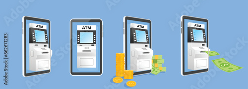 atm machine on smartphone, online payment  vector Isolated set 