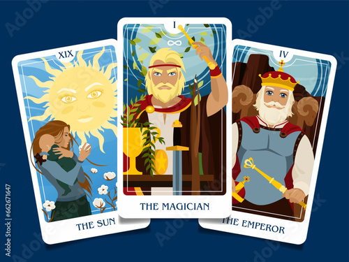 The layout of the senior arcana cards consists of three cards: the magician, the sun, the emperor. Occult esoteric spiritual Tarot. Numerology and fortune telling. Modern vector illustrations