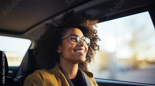 Portrait of a young woman sitting at the back seat of a car, African ethnicity, smiling looking out of window, photo of taxi passenger