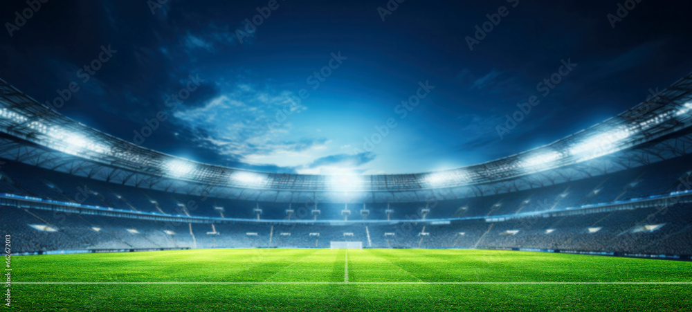 Empty night grand soccer arena in the lights, football soccer stadium. field, with illumination, green grass, and soccer background Empty night grand soccer arena in the lights, football soccer stadium. field, with illumination, green grass, and soccer background