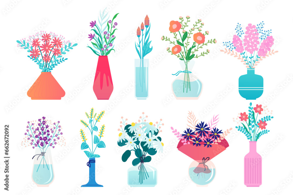Flowers in vase. Flora bouquet in pottery pitcher, bunch of lilies, blooming spring flowers in decorative vase. Vector isolated set