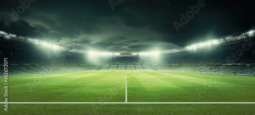 Empty night grand soccer arena in the lights  football soccer stadium. field  with illumination  green grass  and soccer background