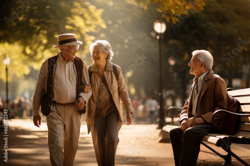 A couple of elderly people are walking in the park, outdoors. Joyful emotions, an autumn walk on a sunny day. 