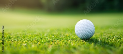 Golf ball on tee seen up close on course With copyspace for text